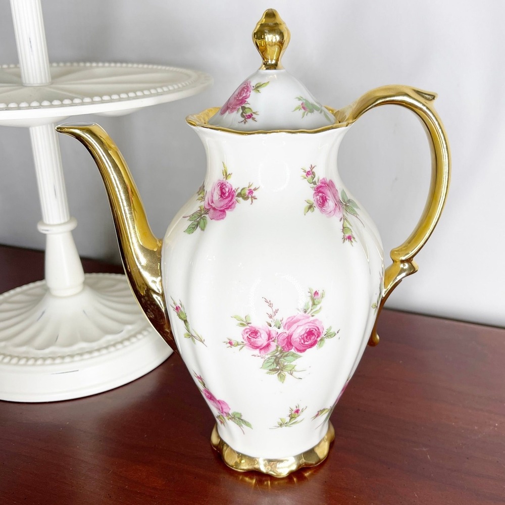 Bareuther Waldsassen Bavaria Pink Rose Tea Pot Gold Vintage German Porcelain